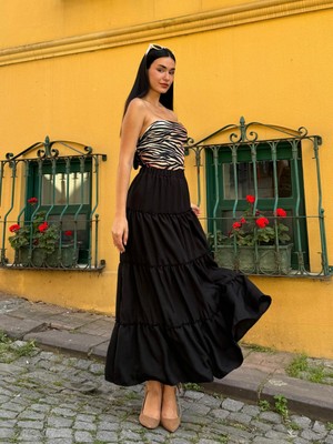 Minaaise Siyah Basic Pileli Kadın Uzun Etek 27259