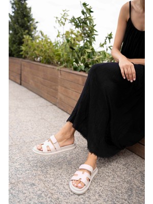 Eataly Shoes Henza Bej Kalın Tabanlı Çift Bant Terlik
