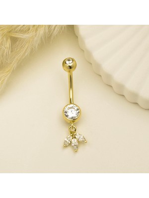 Dianora Piercing 14 Ayar Altın Taşlı Lotus Çiçek Sallantılı Göbek Piercing