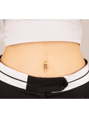 Dianora Piercing 14 Ayar Altın Taşlı Sallantılı Kalp Gösterişli Göbek Piercing