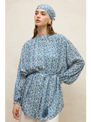 Manuka Viskon Desenli Tunik Rose Mavi