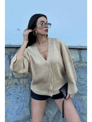 Minaaise Camel Yumoş V Yaka Geniş Kol Oversize Kısa Triko Hırka 26019