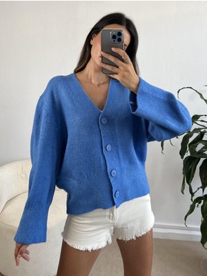 Minaaise Indigo Yumoş V Yaka Geniş Kol Oversize Kısa Triko Hırka 26019