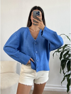 Minaaise Indigo Yumoş V Yaka Geniş Kol Oversize Kısa Triko Hırka 26019