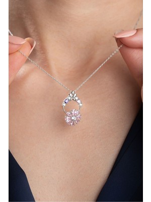 Silvano Jewelry 925 Ayar Gümüş Pembe Çiçekli Dönen Kolye