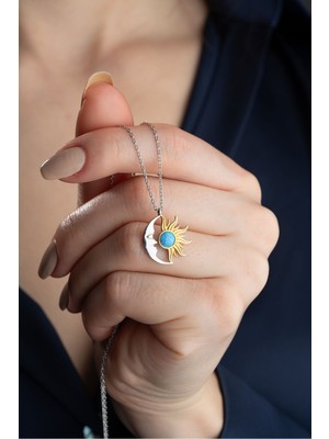 Silvano Jewelry 925 Ayar Gümüş Opal Taşlı Ay ve Güneş Kolye