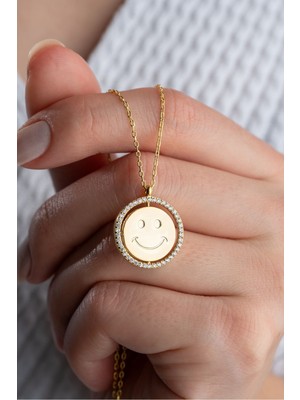 Silvano Jewelry 925 Ayar Gümüş Gold Dönebilen Gülen Yüz Kolye