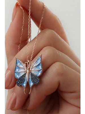 Silvano Jewelry 925 Ayar Gümüş Mavi Mineli Kelebek Kolye
