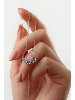 Silvano Jewelry 925 Ayar Gümüş Şık Tasarım Taşlı Ay Yıldız Kolye