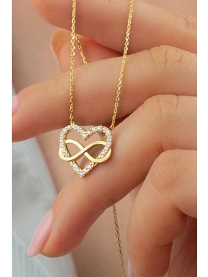 Silvano Jewelry 925 Ayar Zirkon Taşlı Sonsuzlu Kalp Gold Kadın Gümüş Kolye