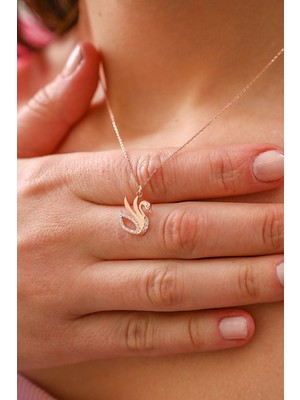 Silvano Jewelry 925 Ayar Zirkon Taşlı Kuğu Rose Kadın Gümüş Kolye