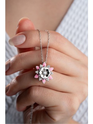 Silvano Jewelry 925 Ayar Gümüş Pembe Mineli Lotus Çiçeği Kolye