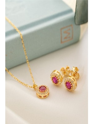 Silvano Jewelry 925 Ayar Gümüş Temmuz Ayı Doğum Taşı ( Ruby ) Kolye - Küpe Seti