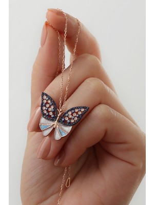 Silvano Jewelry 925 Ayar Gümüş Kelebekli Renkli Taş Detaylı Kolye