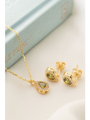 Silvano Jewelry 925 Ayar Gümüş Ağustos Ayı Doğum Taşı ( Peridot ) Kolye - Küpe Seti