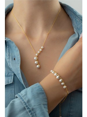 Silvano Jewelry 925 Ayar Gümüş Incili Kolye Bileklik Seti