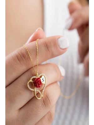 Silvano Jewelry 925 Ayar Gümüş Kişiye Özel Harfli Kalpli Gül Kolye