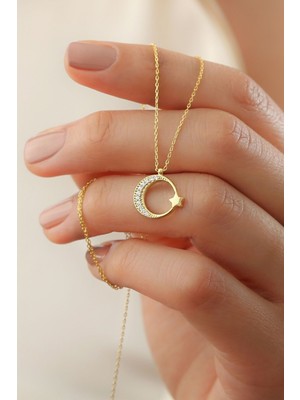 Silvano Jewelry 925 Ayar Gümüş Ay Yıldız Kolye Gold Renkli Özel Tasarım Kadınlar İçin