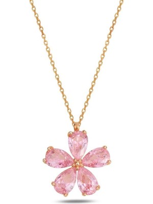 Silvano Jewelry 925 Ayar Gold Zirkon Pembe Taşlı Yasemin Çiçeği Gümüş Kolye