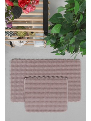 My Evilla Modern Bubble Yıkanabilir Kaymaz Peluş Banyo Paspası Halısı 2'li Klozet Takımı 60X100-50X60CM Pembe