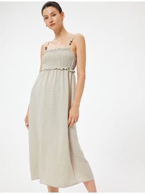 Koton Ince Askılı Midi Boy Fırfırlı Elbise Gipeli Boncuk Detaylı