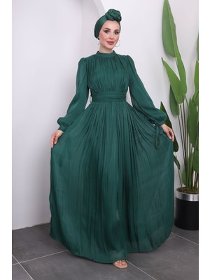 Zümrüt Yeşili Kol Bağlamlı Piliseli Tül Abiye