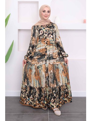 İmaj Butik Kahverengi Hakim Yaka Desenli Düğmeli Viskon Elbise