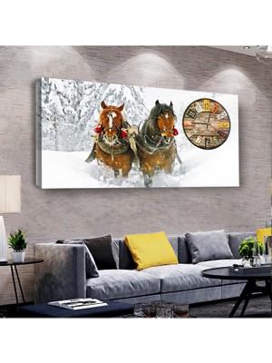 Zevahir Mobilya Dekorasyon Kış Atları Saatli Ahşap Şase Dijital Baskı Kanvas Tablo 120x60cm