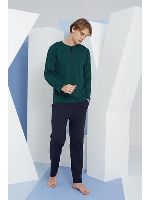 KLY 9111 Erkek Büyük Beden %100 Pamuklu Midi Yaka Uzun Kollu Pijama Takım