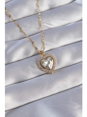Clariss 316L Çelik Zincirli Gold Renk Zirkon Taşlı Kalp Kolye