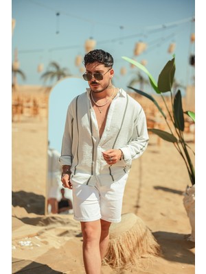 Outfit-Man Erkek Asimetrik Çizgili Oversize Gömlek Haki