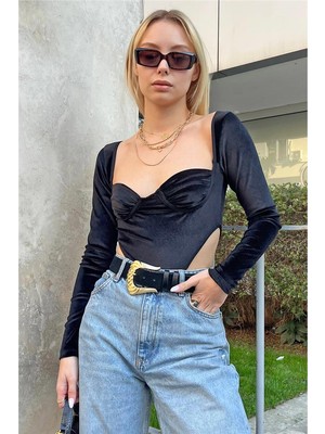 Swist Siyah Kadife Göğüs Ribanalı Kadın Body Suit