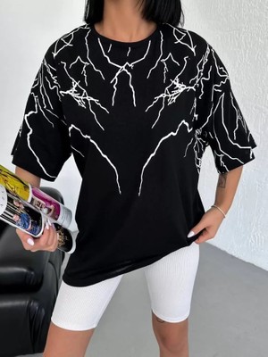 Alinn Butikk Unisex Bisiklet Yaka Baskılı Oversize T-Shirt - Siyah