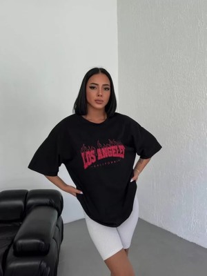 Passense  Bisiklet Yaka Baskılı Oversize T-Shirt - Siyah