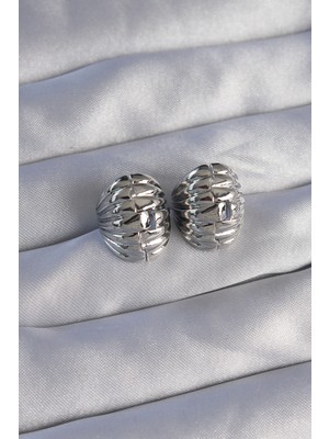 Callerrons Accessories  Pirinç Gümüş Renk Tırtıklı Minimal Bombeli Tasarım Küpe - EBJ270706W25243