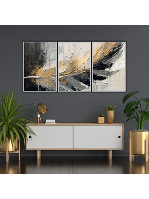 Gaagart 3lü Metal Çerçeveli Cam Tablo Seti Siyah Gold Şans Tüyü Tasarımı