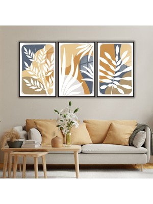 Gaagart 3lü Metal Çerçeveli Cam Tablo Seti Beyaz Yaprak ve Renkli Desen