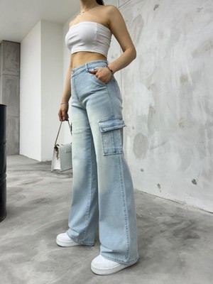 Bikelife Kadın Soluk Efekt Vintage Yüksek Bel Wide Leg Kargo Pantolon