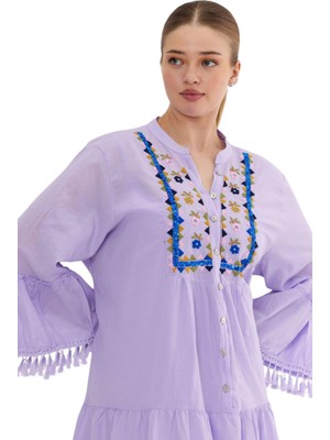 Zishan Fashion Zishan Nakış Işlemeli Içlikli Püskül Tarz Parlak Kırışık Kumaş Rahat Kesim Elbise Kat Kat Büzgülü 002