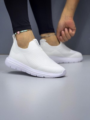 Homiro Kadın Ortopedik Bağcıksız Triko Spor Ayakkabı-Beyaz