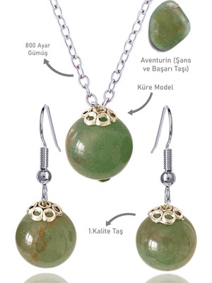 Tesbih Atölyesi Sertifikalı Küre Model Fasetli Aventurin Taşı Kolye ve Küpe Seti - Gümüş Aparatlı
