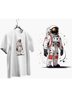 X7 Design Art  Oversize Kalıp Bisiklet Yaka Astronot Baskılı T-Shirt