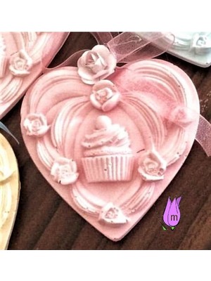 Morlalem Cupcake Gül Çiçek Kurdele Dekorlu 8cm Kalp Askı Silikon Kalıp K-186, Taş Tozu Sabun Alçı Mum Kalıbı