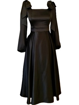 Moda Makko Siyah Saten Kare Yaka Midi Boy Abiye Elbise