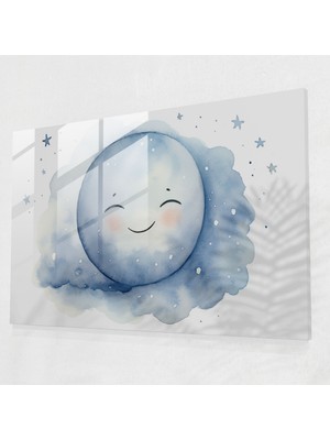 Painted Anarchy Gülen Ay Cam Tablo - Toprak, Ev Dekorasyonu, Gülen Yüz, Sevimli Ay, 45X30