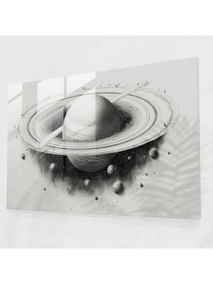 Painted Anarchy Saturn Glass Print - Monokromatik Mürekkep Çizimi - Toprak, Cam Duvar Sanatı, Monokromatik Mürekkep Çizimi, Detaylı Illüstrasyon, 45X30