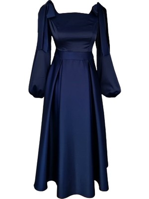 Moda Makko Lacivert Saten Kare Yaka Midi Boy Abiye Elbise