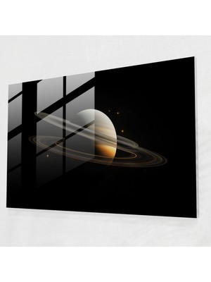 Painted Anarchy Satürn Minimalist Cam Baskı - Toprak, Duvar Süslemesi, Satürn, Siyah Arka Plan, 45X30
