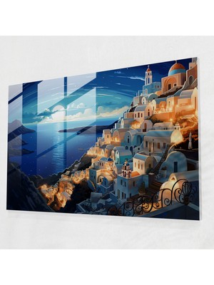 Painted Anarchy Santorini Modern Sanat Cam Baskı - Santorini, Modern Sanat, Yıldızlı Gece Gökyüzü, Cam Duvar Sanatı, 45X30