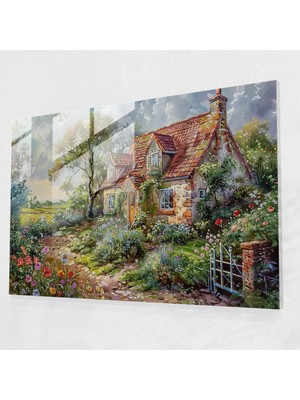 Painted Anarchy Country Cottage Pointillism Cam Duvar Sanatı - Pointillism, Pointillism, Köy, Kırsal, 45X30